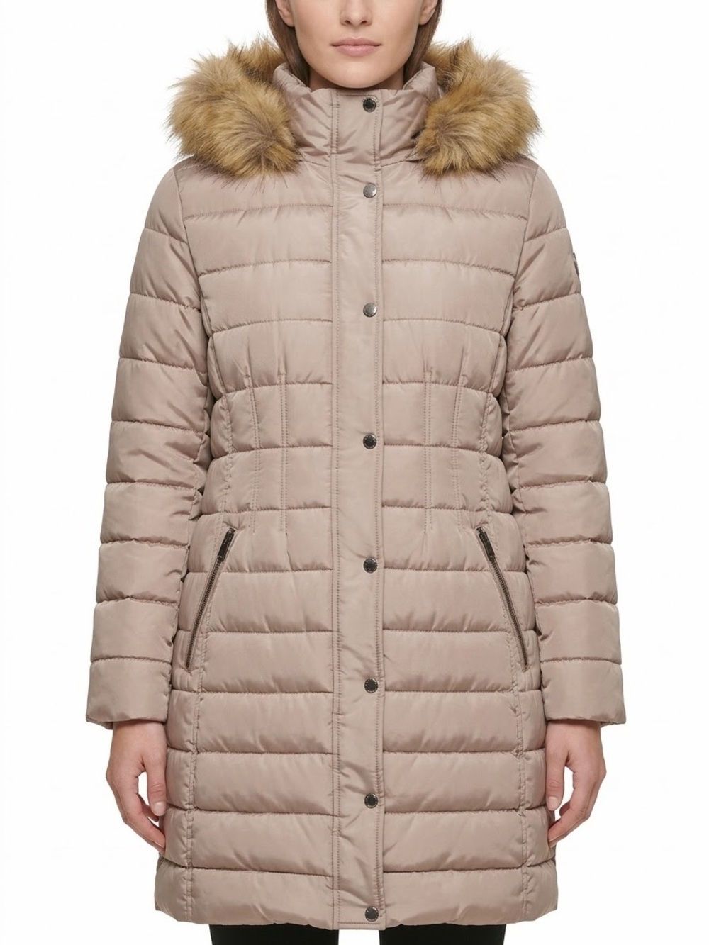 Kenneth Cole New York Long Puffer Coat Womens XL Taupe Faux Fur Hood Winter